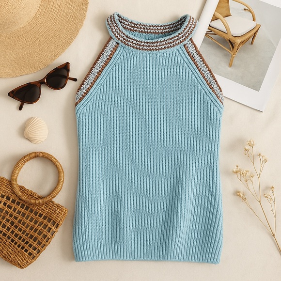 Madewell Tops - Madewell blue knit crochet halter top with open shoulders in size medium